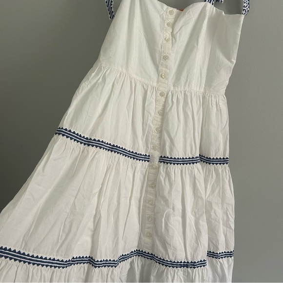 Oliphant Midi Tiered Button Dress with Bow Sleeves Blue and White Pattern - Picture 5 of 8